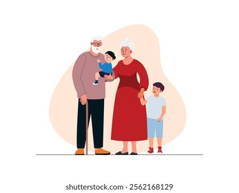 grandfather is holding his granddaughter, while grandmother is holding her grandson's hand, they are very happy
design, vector, illustration