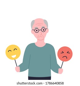 Grandfather Holding Masks With Opposite Emotions. Old Man Mood Change, Swing. Flat Vector Cartoon Illustration.