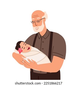 Grandfather holding newborn baby. Grandfa with swaddled infant in arms. Cute sleeping child in hands of dad. Happy Decree concept. Flat vector illustration isolated on white background