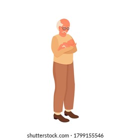 Grandfather holding newborn baby in his hands, colorful, warm full length character isolated on white background. Family, relations, age concept.