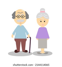 Grandfather holding a walking stick Grandma stands near