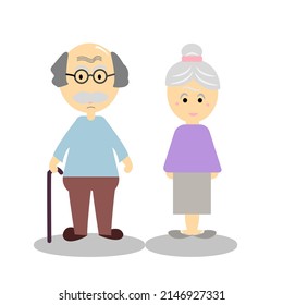 Grandfather holding a walking stick Grandma stands near