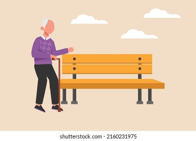 Grandfather is holding a walking stick in hand and walking to bench. Grandparents day. Colored flat vector illustration isolated.