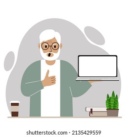 Un abuelo sostiene una computadora portátil en la mano y muestra un pulgar hacia arriba. Concepto de tecnología informática portátil. Ilustración plana vectorial.