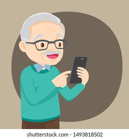 Grandfather holds a phone in his hand. Vector illustration in cartoon style,Happy senior man messaging on mobile smartphone.