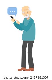 Grandfather holds a phone in his hand. Elderly man character looking on smartphone and typing message. Senior old man using smartphone. Modern technologies. Vector illustration in cartoon style.