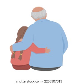 Grandfather is hugging a granddaughter. Back view. Vector isolated color illustration.