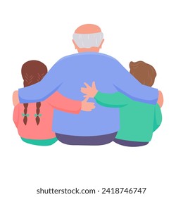Grandfather is hugging a granddaughter and grandson. Back view. Vector isolated color illustration.	