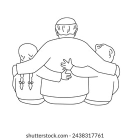Grandfather is hugging a granddaughter and grandson. Back view. Vector isolated illustration in line style.	