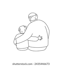 Grandfather is hugging a grandson. Back view. Vector isolated illustration in line art style.
