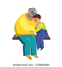 Grandfather Hugging Grandson On Branch Vector. Affectionate Happy Elderly Senior Grandfather Cuddling Grandchild. Grandparent And Boy. Smiling And Enjoying Characters Flat Cartoon Illustration