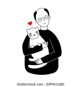Grandfather hugs a cat, vector illustration in flat style. Old man and his animal pet
