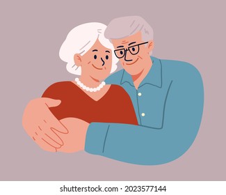 Grandfather hugs grandmother. Family portrait of a happy elderly couple with gray hair. Vector illustration in cartoon flat style.