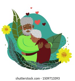Grandfather hugs grandmother. Plants and flowers. Grandparents Day greeting card template.
