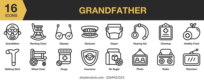 Grandfather icon set. Includes Avatar, Elder, Grandfather, Grandpa, Old, Papa, Senior, and More. Outline icons vector collection.