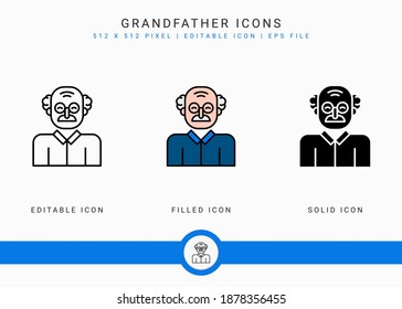 Grandfather icons set vector illustration with solid icon line style. Old people man symbol. Editable stroke icon on isolated background for web design, user interface, and mobile app