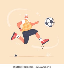 Grandfather kicking football. Enjoying the game. Active senior man play soccer. Elderly grandpa do active sport. Modern pensioner lead healthy lifestyle. Trendy vector illustration.