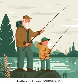 Grandfather and kid boy together fishing in summer day on river in countryside. elderly man teach child boy to fish. Father and child fishing together. Flat vector illustration