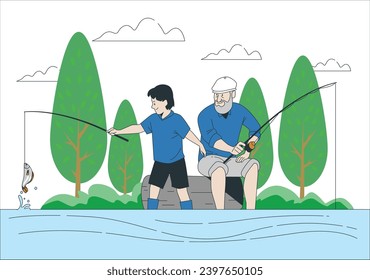 Grandfather and kid boy together fishing in the evening at sunset time in summer day on river in countryside, side view on caucasian multi-generation family, elderly man teach child boy to fish. 2536