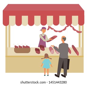 Grandfather and kid buying food on store vector, isolated seller butchery sausages and products. Counter with variety of items, showcase and veal eat