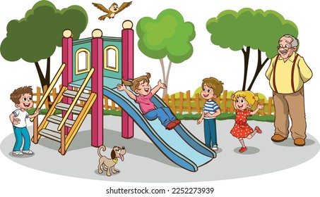 grandfather and kids playing in the playground cartoon vector 