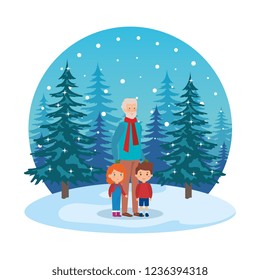 grandfather and kids in snowscape