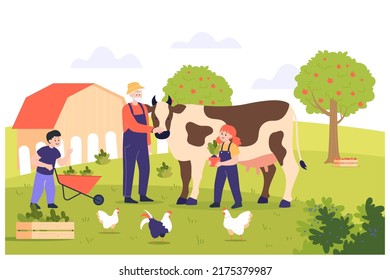 Grandfather and kids working at farm flat vector illustration. Old farmer taking care of cow, grandkids gardening, helping granddad. Agriculture, family, farming, harvest, summer concept