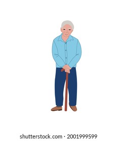 Grandfather leans on a stick, a crutch. . Vector illustration of an elderly man isolated on a white background.