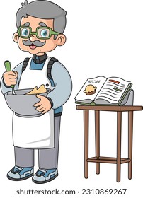 un abuelo estaba aprendiendo a hacer masa de galletas leyendo una guía para hacer galletas de ilustración