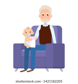 grandfather lifting little baby in the sofa characters