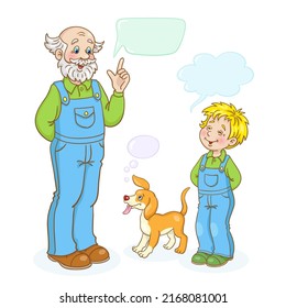 Grandfather, little dog and grandson have a fun talking. Dialog with speech bubbles. In cartoon style. Isolated on white background. Vector illustration.