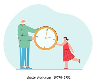 Grandfather and little girl holding giant watch together. Flat vector illustration. Tiny cartoon old man giving huge clock little girl in dress. Time, generation, family concept for banner design