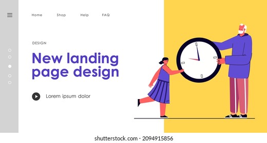 Grandfather and little girl holding giant watch together. Flat vector illustration. Tiny cartoon old man giving huge clock little girl in dress. Time, generation, family concept for banner design