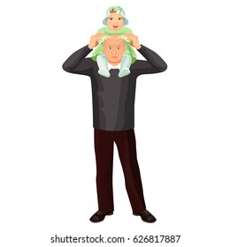 Grandfather with little girl on shoulders vector illustration isolated on white. Granddaughter with senior man, family relationships