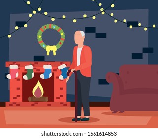 grandfather in livingroom with christmas decoration vector illustration design