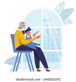 Grandfather Looking After Kid Vector Illustration. Granddad And Little Grandchild Cartoon Characters. Granddaughter Sitting On Grandpa Lap. Babysitting, Elderly Man Showing Child Flying Plane