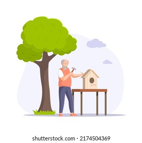 Grandfather Making Birdhouse. Elderly Building Wooden House For Birds Use Carpentry Instruments. Hobbies Of An Old Man, Leisure Activity Cartoon Vector