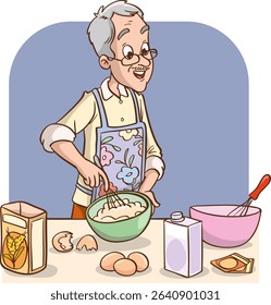 Grandfather making cake or bread in the kitchen vector illustration