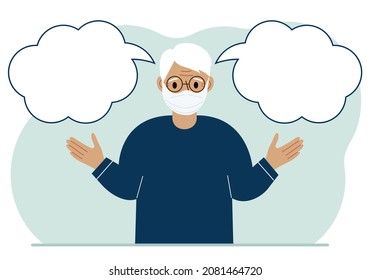 A grandfather with a medical mask is trying to make the right decision. Left and right are empty bubbles. Comparison of the two solutions. Vector flat illustration