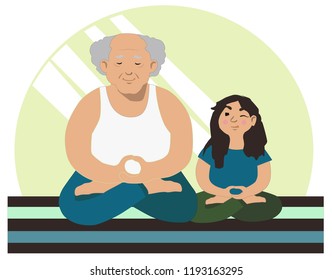 Grandfather meditates in the Lotus position with his granddaughter. Cute cartoon style svg