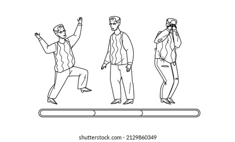 Grandfather Mood Laugh, Smile And Unhappy Black Line Pencil Drawing Vector. Happy Elderly Man Celebrative Dancing, Thoughtful And Crying, Positive And Negative Mood. Emotional Character Illustration