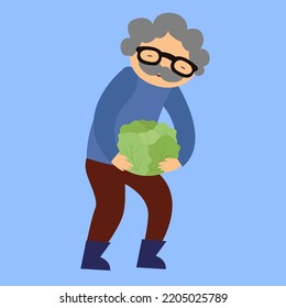 A grandfather with a mustache in glasses holds a head of cabbage