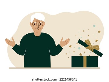 A grandfather next to an open gift. The concept of a holiday, surprise, promotion, discount. Vector flat illustration