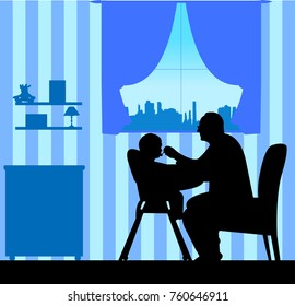 Grandfather nourishes the baby boy silhouette, one in the series of similar images