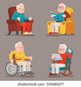 Grandfather Old Man Characters Sit Sleep Web Surfing Read Armchair Wheelchair Adult Icons Set Cartoon Design Vector Illustration