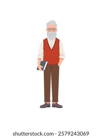 Grandfather. Old man with gray hair and beard. Vector color illustration.