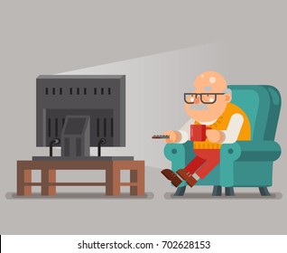 Grandfather Old Man Watching TV Sit Armchair Cartoon Character Flat Design Vector Illustration