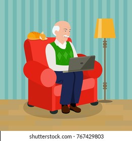 Grandfather on comfortable couch and using laptop at living room.  Vector flat style illustration