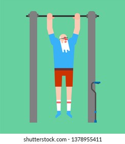 Grandfather on horizontal bar. Pull up granddad street workout. Old man Sport. Fitness for seniors