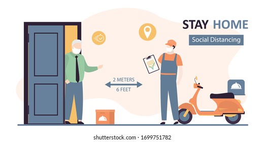 Grandfather on self-isolation receives an online purchase. Delivery man with box and elderly client. Male courier in uniform. People in protective masks on faces. Social distancing, quarantine. Vector